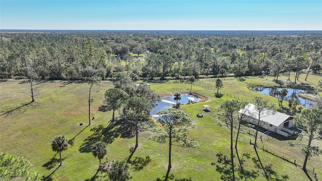 aerial view featuring a water view and a view of trees