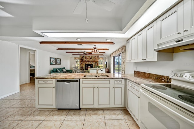 kitchen with kitchen peninsula, sink, stainless steel dishwasher, and white electric range