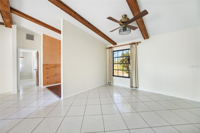 unfurnished room featuring light tile patterned floors, visible vents, lofted ceiling with beams, ceiling fan, and baseboards