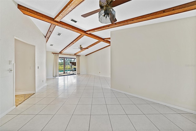 tiled spare room with vaulted ceiling with beams and ceiling fan