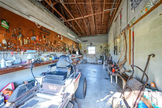 garage featuring a workshop area