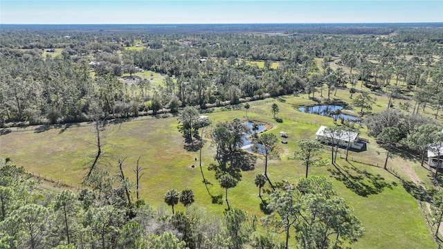 birds eye view of property featuring a water view and a view of trees