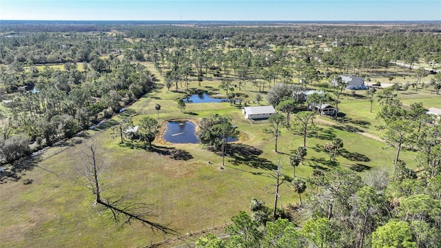 bird's eye view with a water view and a wooded view