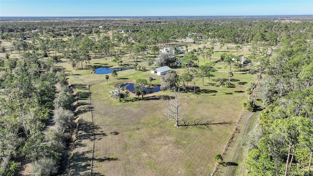 aerial view featuring a water view and a view of trees