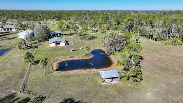 birds eye view of property with a water view and a forest view