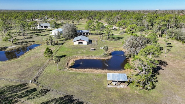 bird's eye view featuring a water view and a forest view