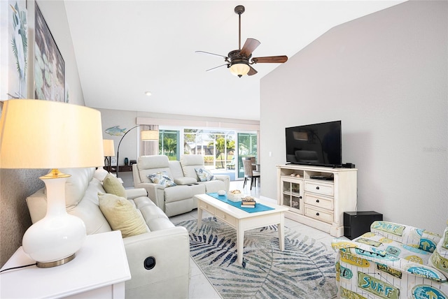 living room with vaulted ceiling and ceiling fan