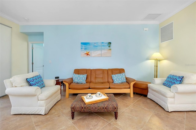 living room featuring tile patterned floors and ornamental molding