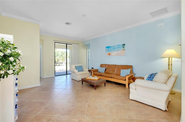 living room featuring crown molding and light tile patterned floors