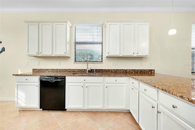 kitchen featuring light tile patterned floors, black dishwasher, white cabinetry, and sink