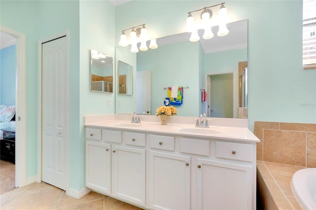 bathroom with tile patterned floors, vanity, crown molding, and plus walk in shower