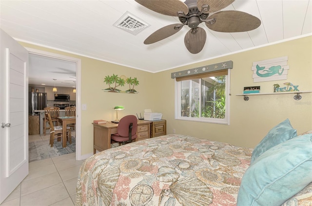 tiled bedroom with stainless steel refrigerator, ceiling fan, and crown molding