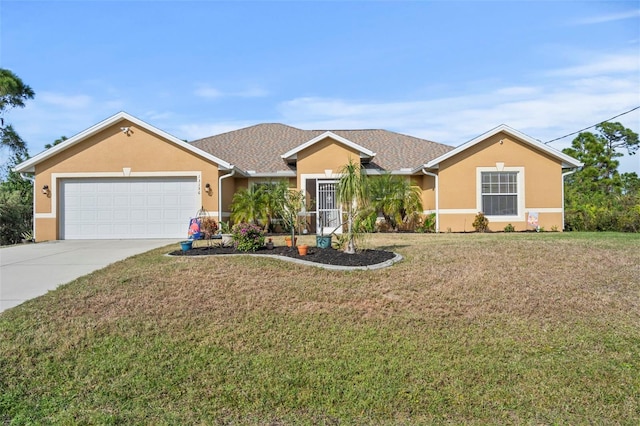 ranch-style home featuring a garage and a front yard