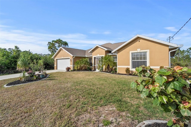 single story home featuring a front yard and a garage