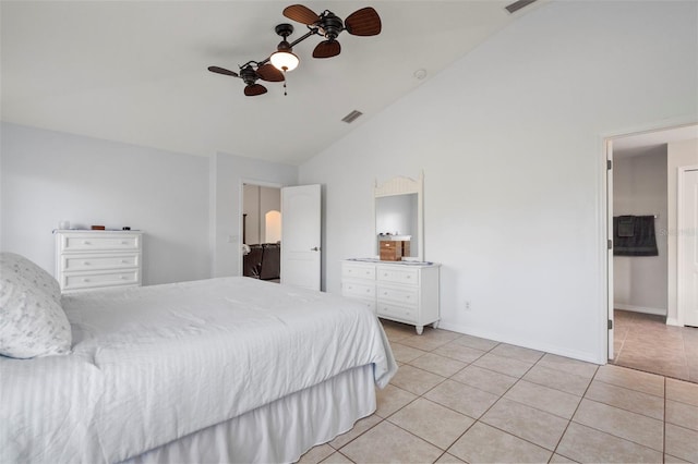 tiled bedroom featuring high vaulted ceiling and ceiling fan