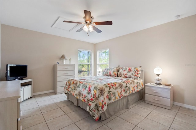 bedroom featuring ceiling fan and light tile patterned floors