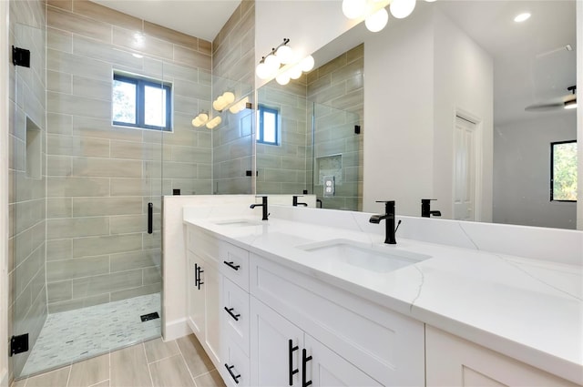 bathroom with plenty of natural light, a shower with shower door, and vanity