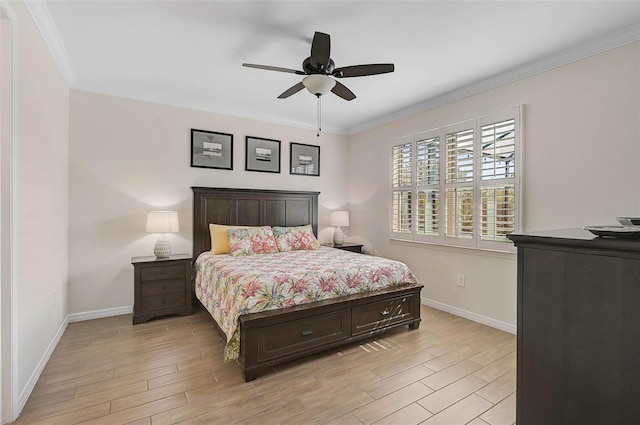 bedroom with ceiling fan and ornamental molding