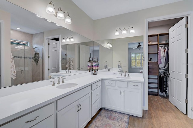 bathroom featuring vanity, a shower with shower door, and ceiling fan