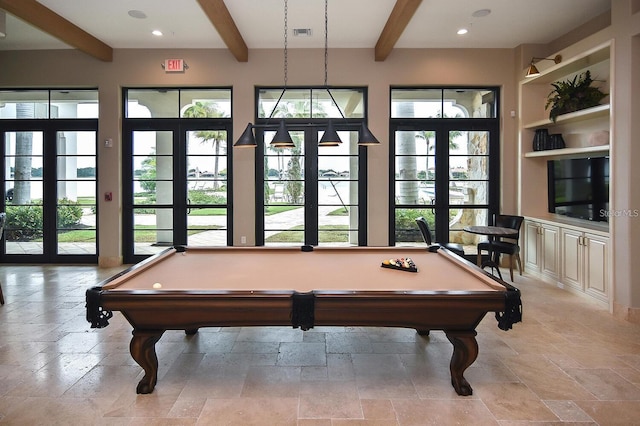 game room featuring built in shelves, billiards, beamed ceiling, and french doors