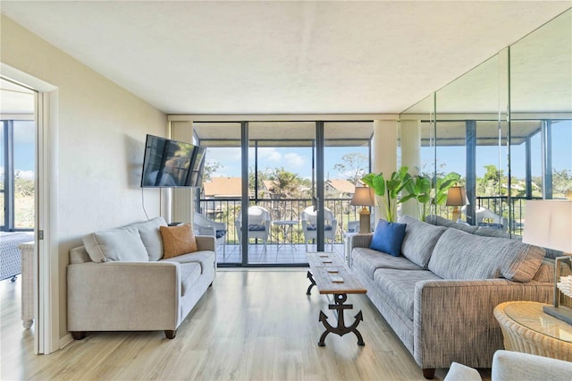 living room featuring light hardwood / wood-style floors and expansive windows