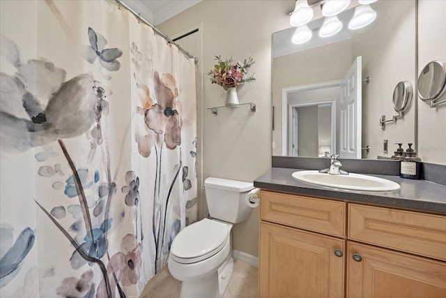 bathroom featuring vanity, a shower with shower curtain, ornamental molding, tile patterned flooring, and toilet