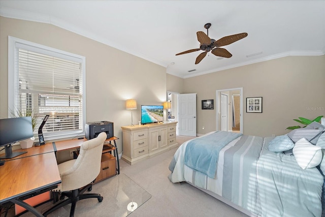 bedroom featuring ceiling fan, light carpet, lofted ceiling, and ornamental molding