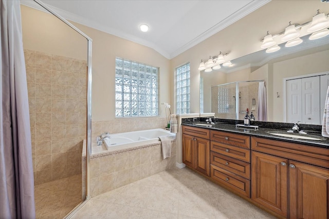 bathroom featuring separate shower and tub, tile patterned flooring, vanity, and ornamental molding