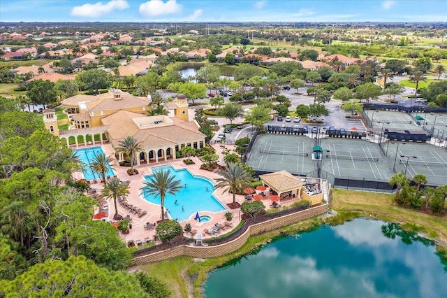 aerial view featuring a water view