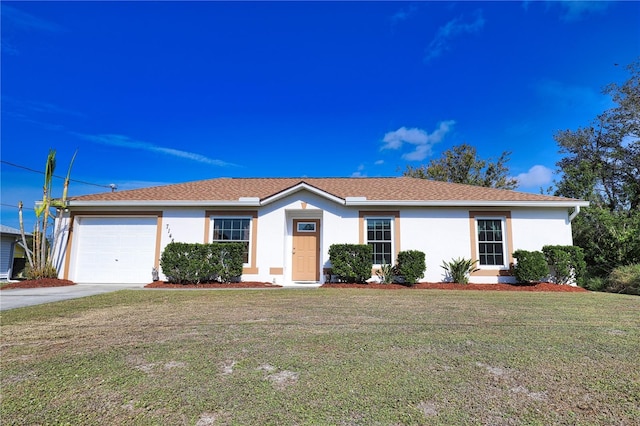 ranch-style house with a front lawn and a garage