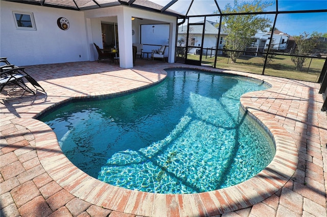 view of pool with a patio area and glass enclosure