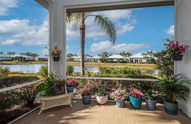 exterior space featuring a water view