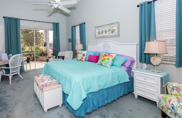 bedroom featuring access to exterior, carpet flooring, and ceiling fan