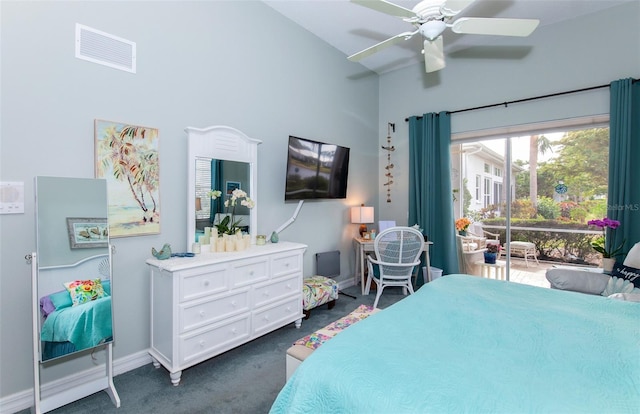 carpeted bedroom with ceiling fan and access to outside