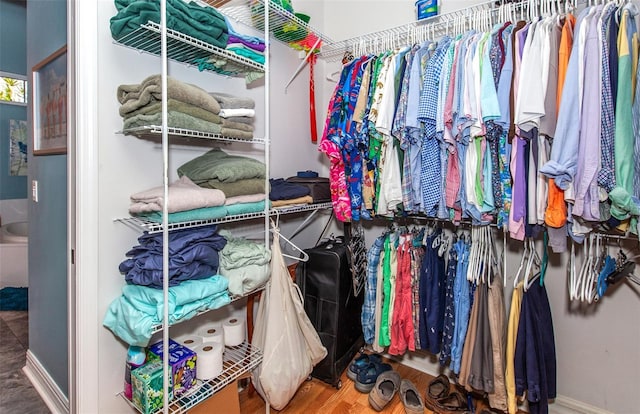 walk in closet with hardwood / wood-style flooring