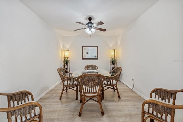 dining area featuring ceiling fan and light hardwood / wood-style flooring