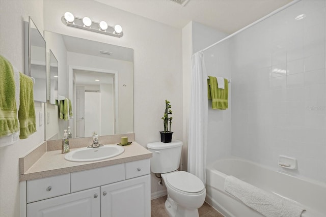 full bathroom featuring toilet, tile patterned flooring, shower / bath combination with curtain, and vanity