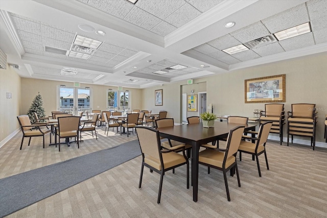 dining area with coffered ceiling, beamed ceiling, crown molding, and light colored carpet