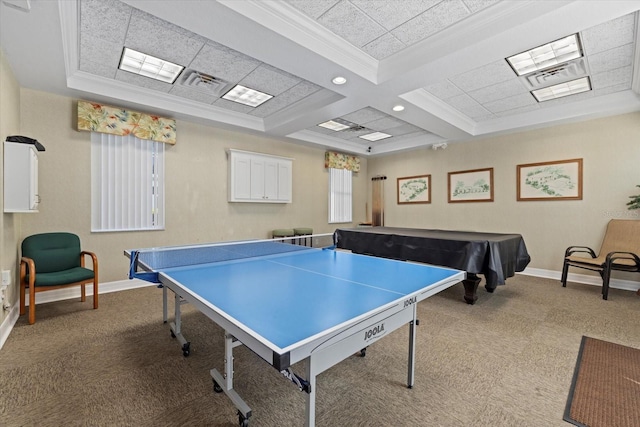 playroom with beamed ceiling, billiards, carpet floors, coffered ceiling, and crown molding