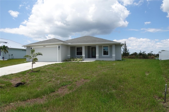 single story home featuring a garage and a front yard