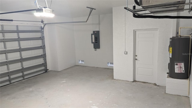 14464 Fort Myers Ave, Port Charlotte, FL 33981 - garage with electric water heater, electric panel, a garage door opener, and a textured wall