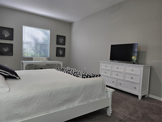 bedroom with dark carpet