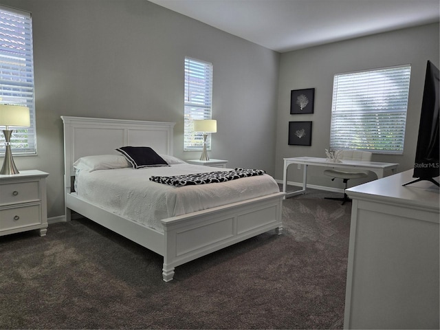 bedroom with dark carpet