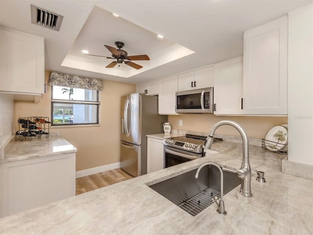 kitchen with white cabinetry, light hardwood / wood-style flooring, appliances with stainless steel finishes, and a tray ceiling