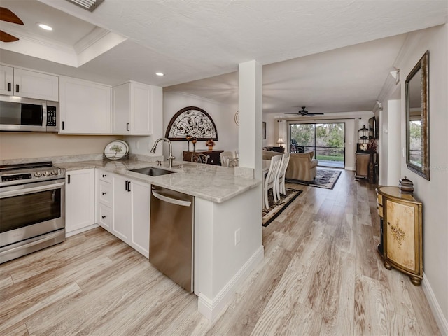 kitchen featuring kitchen peninsula, stainless steel appliances, a tray ceiling, sink, and white cabinetry