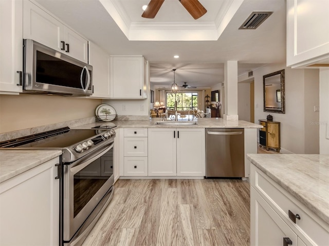 kitchen featuring stainless steel appliances, a raised ceiling, crown molding, light hardwood / wood-style flooring, and white cabinets