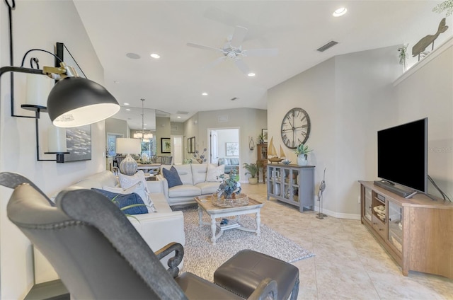 living room with light tile patterned floors, visible vents, baseboards, ceiling fan, and recessed lighting