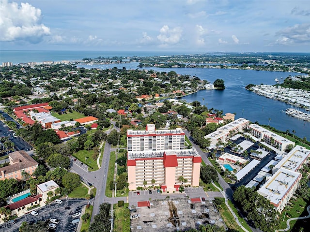 bird's eye view with a water view