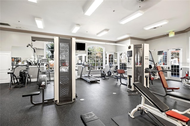 workout area with ornamental molding