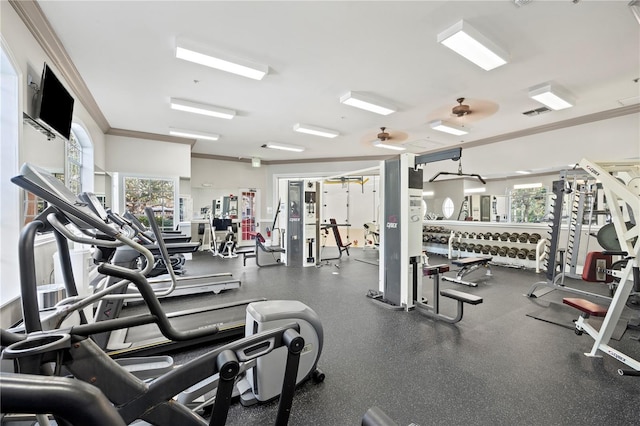 exercise room with a wealth of natural light, ceiling fan, and crown molding